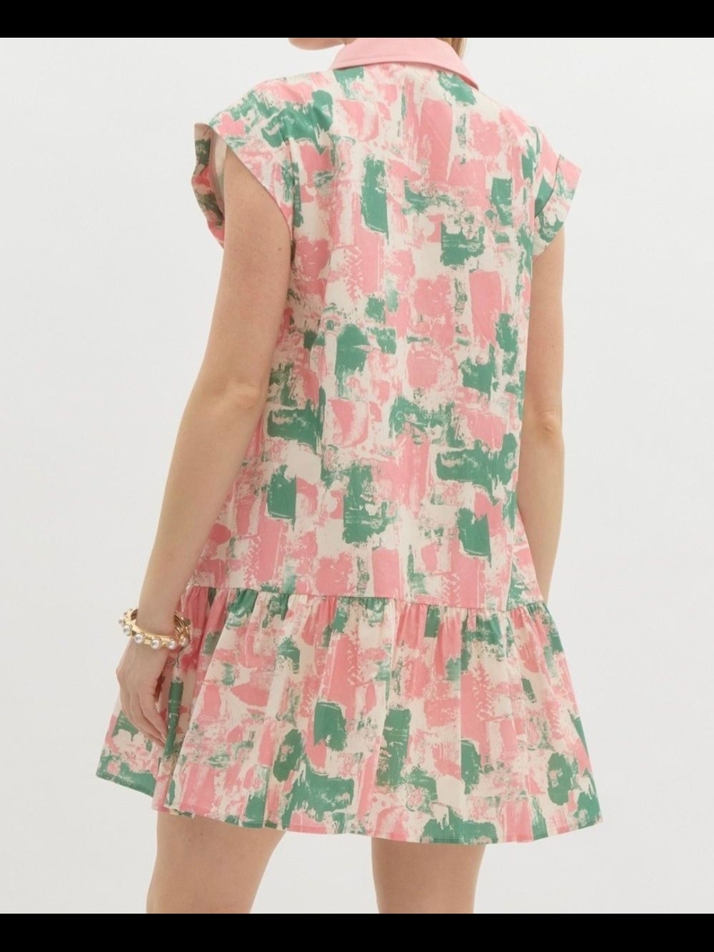 Entro Pink Green Abstract Print Pintuck Button Front Mini Dress M Boho Preppy - Picture 5 of 12